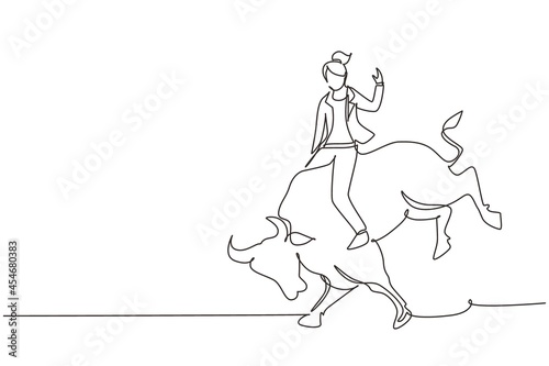 Single one line drawing businesswoman riding rodeo bull. Investment  bullish stock market trading  rising bonds trend. Successful business woman. Continuous line design graphic vector illustration