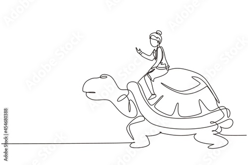 Continuous one line drawing businesswoman riding huge turtle. Slow movement to success, manager driving giant tortoise. Business competition concept. Single line design vector graphic illustration
