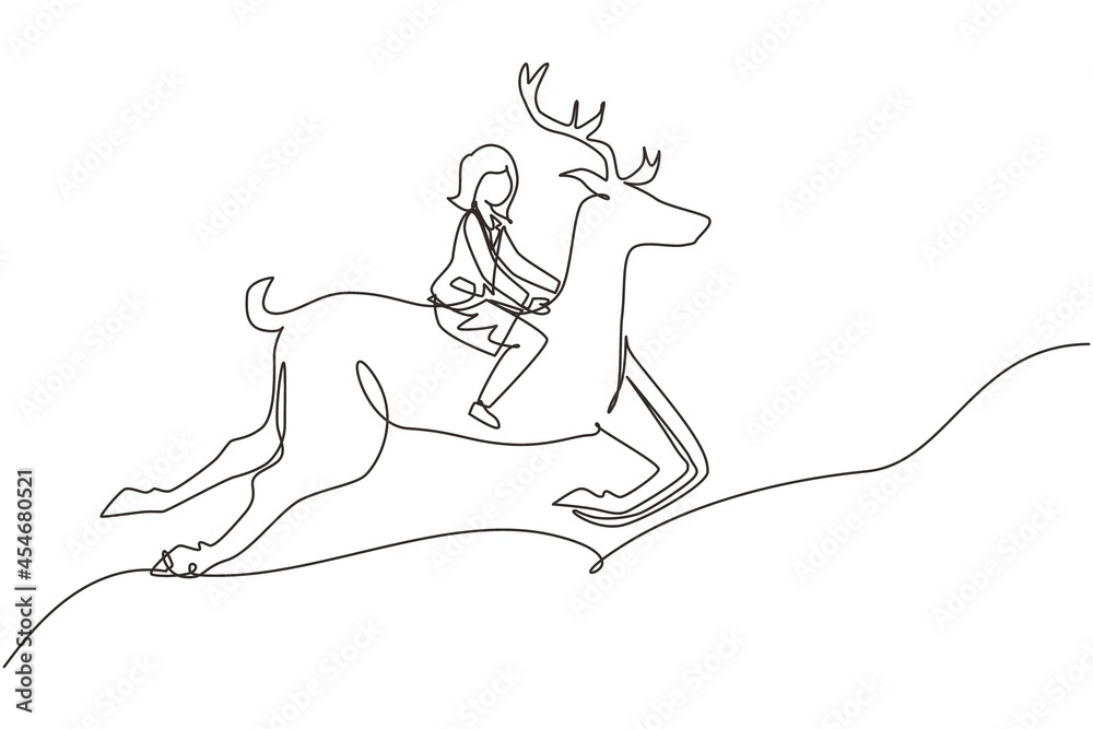 Single continuous line drawing businesswoman riding deer. Investment, bullish stock market trading, rising bonds trend. Successful business woman trader. Dynamic one line draw graphic design vector