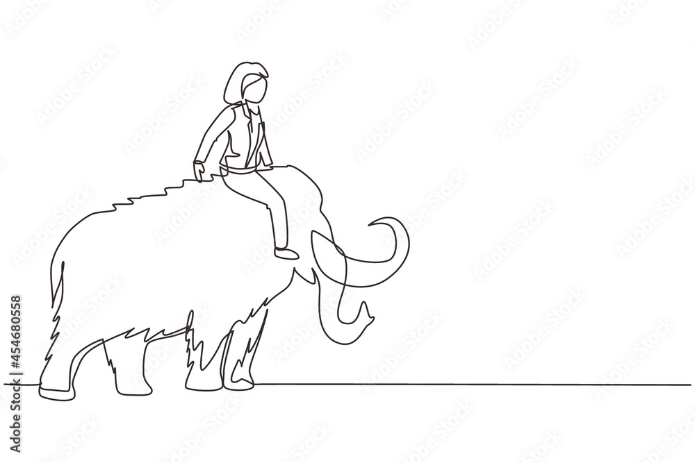 Fototapeta premium Continuous one line drawing businesswoman riding huge dangerous mammoth. Professional entrepreneur female character. Successful business woman. Single line draw design vector graphic illustration