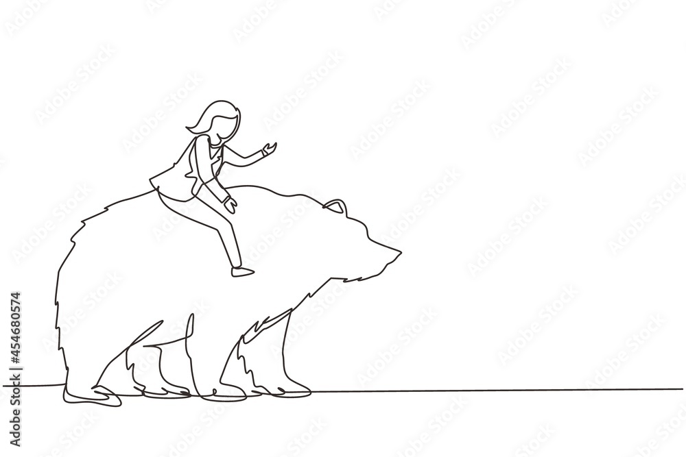 Single continuous line drawing businesswoman rides on bear in stock market trading concept. stock market analysis, business and investment, stock exchange. Dynamic one line draw graphic design vector