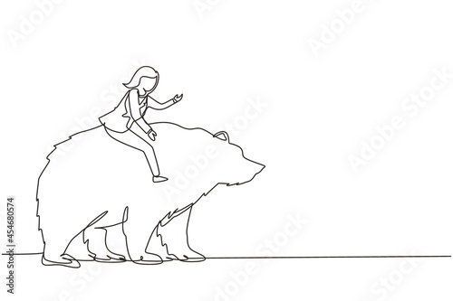 Single continuous line drawing businesswoman rides on bear in stock market trading concept. stock market analysis, business and investment, stock exchange. Dynamic one line draw graphic design vector
