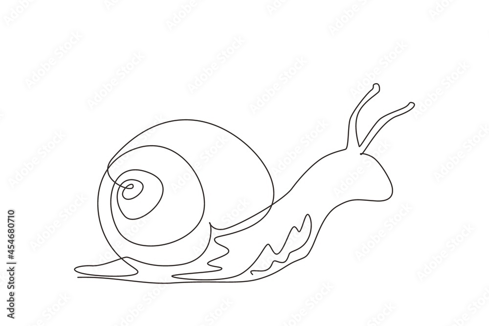 Continuous one line drawing common garden snail crawling. Snail animal mascot for food logo identity. High nutritious escargot healthy food concept. Single line draw design vector graphic illustration