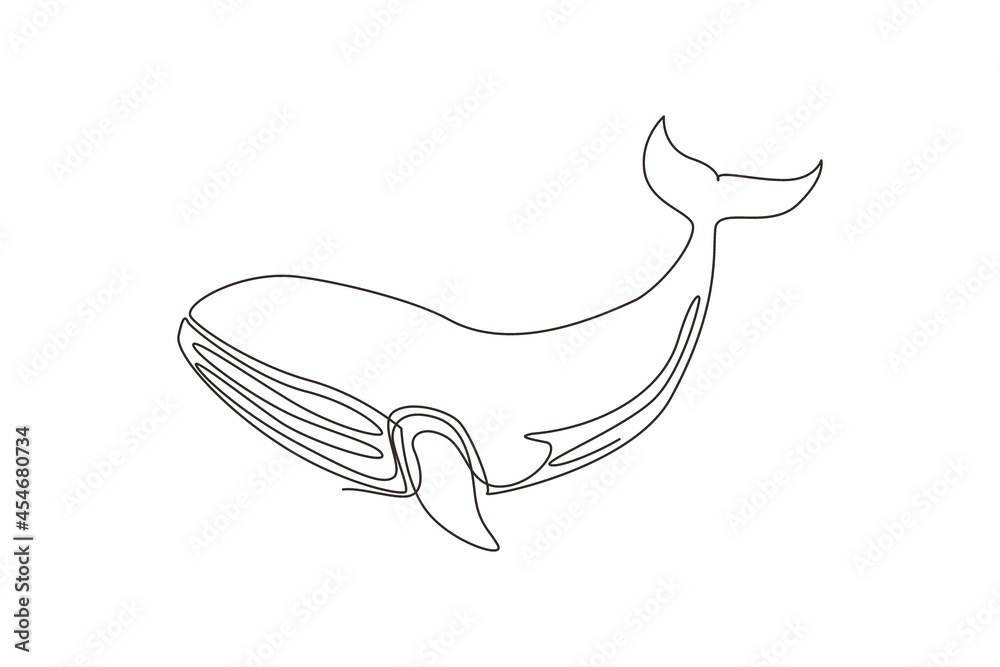 Single one line drawing wild whale fish swimming in sea life. Marine animal mascot for aquatic swimming pool. Blue whale under ocean water. Continuous line draw design graphic vector illustration Single one line drawing wild whale fish swimming in sea life. Marine animal mascot for aquatic swimming pool. Blue whale under ocean water. Continuous line draw design graphic vector illustration
