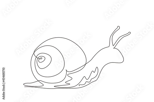 Continuous one line drawing common garden snail crawling. Snail animal mascot for food logo identity. High nutritious escargot healthy food concept. Single line draw design vector graphic illustration