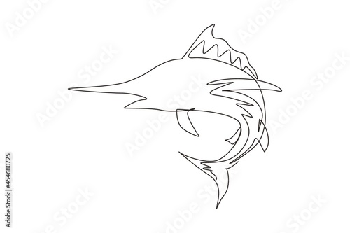 Single continuous line drawing marlin fish logo. Unique and fresh blue marlin under ocean water. Great to use to your blue marlin fishing activity mascot. Dynamic one line draw graphic design vector