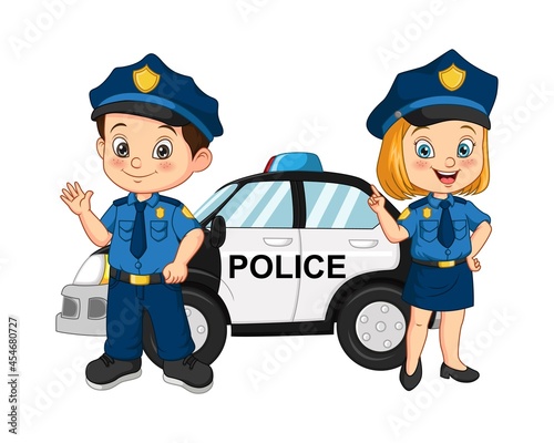 Cartoon police kids standing near the police car