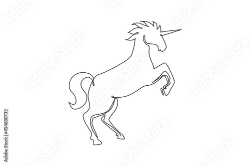 Continuous one line drawing unicorn lift two front legs. Black jumping fictional fairy animal. Magical unicorn running on wind. Childhood fantasy. Single line draw design vector graphic illustration