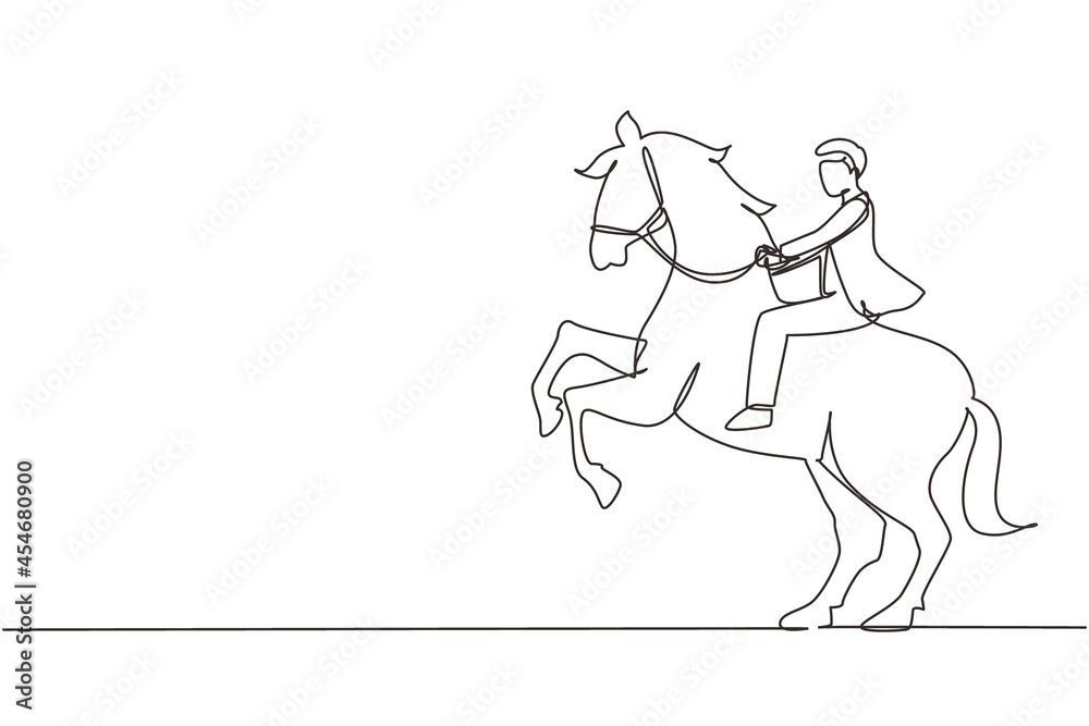 Single continuous line drawing businessman riding horse symbol of success. Business metaphor concept, looking at the goal, achievement, leadership. One line draw graphic design vector illustration Single continuous line drawing businessman riding horse symbol of success. Business metaphor concept, looking at the goal, achievement, leadership. One line draw graphic design vector illustration