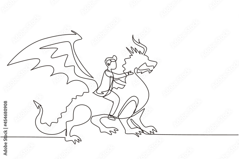 Single continuous line drawing businessman riding dragon. Conquering adversity, courage, victory, leadership in business. Professional entrepreneur. One line draw graphic design vector illustration Single continuous line drawing businessman riding dragon. Conquering adversity, courage, victory, leadership in business. Professional entrepreneur. One line draw graphic design vector illustration