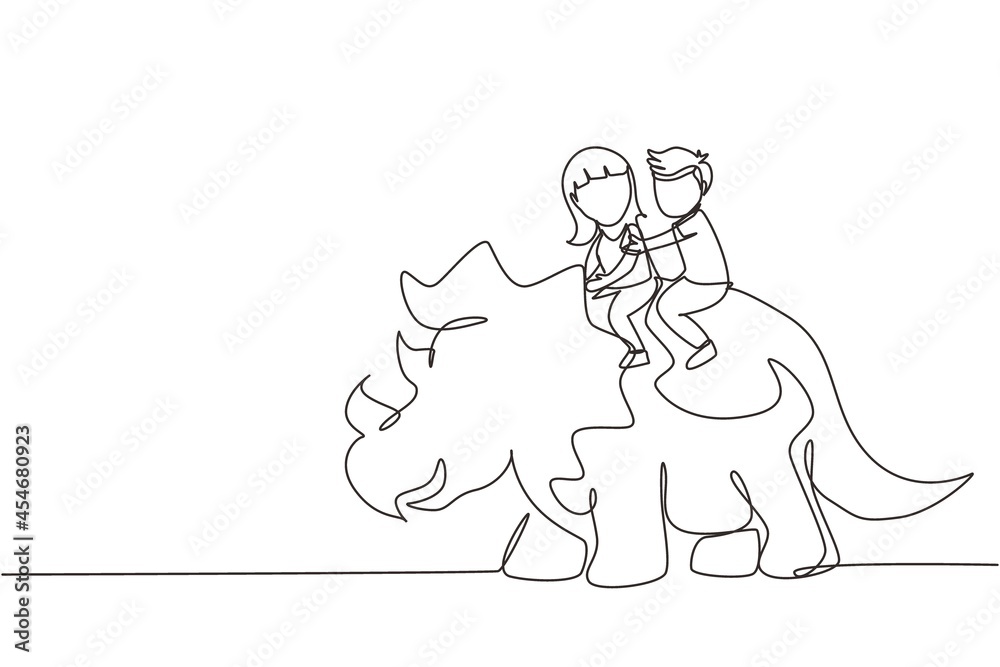 Single continuous line drawing little boy and girl caveman riding triceratops together. Kids sitting on back of dinosaur. Stone age children. Ancient human life. One line draw graphic design vector Single continuous line drawing little boy and girl caveman riding triceratops together. Kids sitting on back of dinosaur. Stone age children. Ancient human life. One line draw graphic design vector