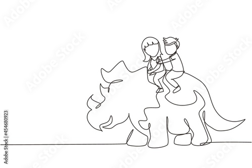 Single continuous line drawing little boy and girl caveman riding triceratops together. Kids sitting on back of dinosaur. Stone age children. Ancient human life. One line draw graphic design vector