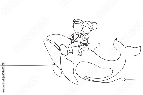 Single continuous line drawing little boy and girl riding orca together. Kids sitting on back whale killer in swimming pool. Whale killer or orca in water. Dynamic one line draw graphic design vector