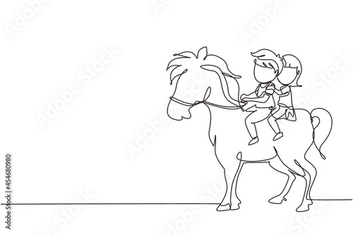 Single continuous line drawing happy cute boy and girl riding horse together. Children sitting on back horse with saddle in ranch park. Kids learning to ride horse. One line draw graphic design vector