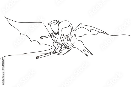Single continuous line drawing boy and girl riding flying dinosaur together. Pterodactyl ride with kids sitting on back of dinosaur and flying high in sky. Dynamic one line draw graphic design vector