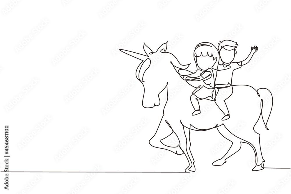 Single continuous line drawing happy cute boy and girl riding cute unicorn together. Children sitting on back unicorn in fairy tale dream. Kids learning to ride unicorn. One line draw graphic vector