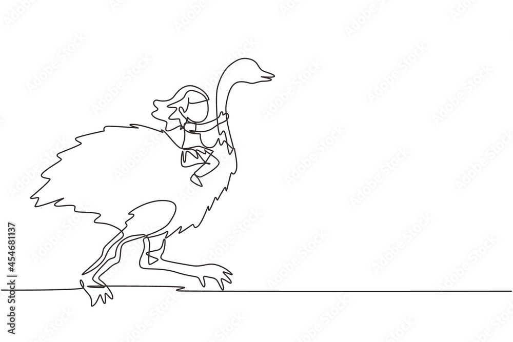 Fototapeta premium Continuous one line drawing happy little girl riding ostrich. Child sitting on back ostrich with holding its neck. Kid learning to ride ostrich. Single line draw design vector graphic illustration