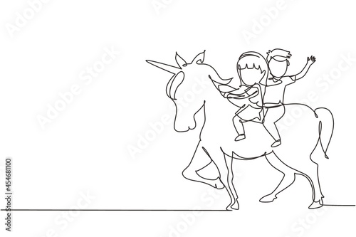 Single continuous line drawing happy cute boy and girl riding cute unicorn together. Children sitting on back unicorn in fairy tale dream. Kids learning to ride unicorn. One line draw graphic vector
