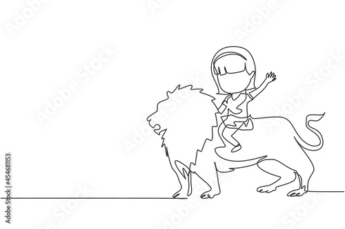 Single one line drawing happy little girl riding lion. Child sitting on back big lion at circus event. Kid learning to ride beast animal. Modern continuous line draw design graphic vector illustration