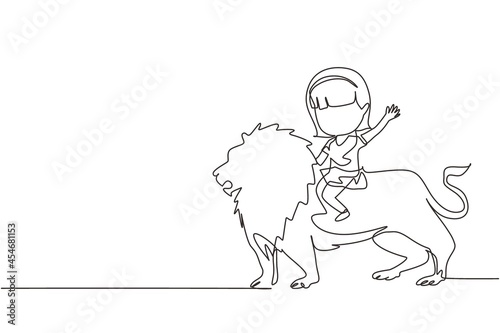 Wallpaper Mural Single one line drawing happy little girl riding lion. Child sitting on back big lion at circus event. Kid learning to ride beast animal. Modern continuous line draw design graphic vector illustration Torontodigital.ca