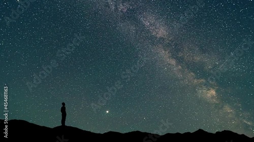 The man stand on a starry sky background. timelapse