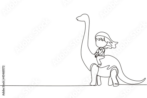 Single continuous line drawing little girl caveman riding brontosaurus. Young kid sitting on back of dinosaur. Ancient human life concept. Dynamic one line draw graphic design vector illustration