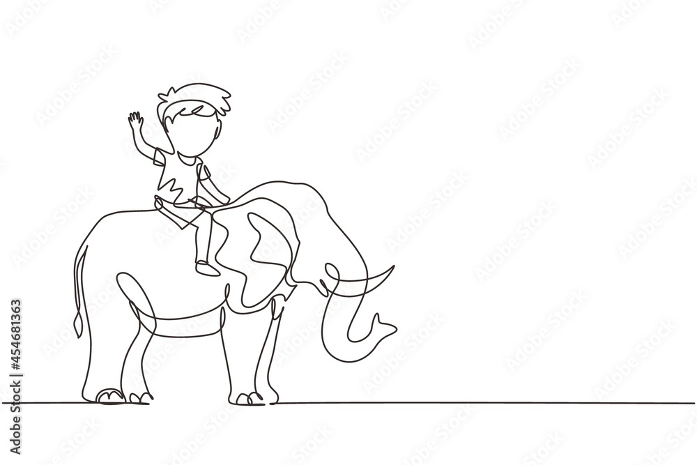 Fototapeta premium Single one line drawing happy little boy riding elephant. Child sitting on back elephant and travelling. Kids learning to ride elephant. Modern continuous line draw design graphic vector illustration