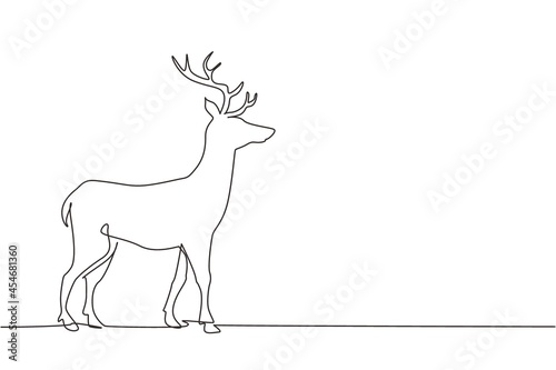 Single continuous line drawing forest wild deer. Standing wild reindeer for national park logo. Elegant mammal animal mascot for nature conservation. One line draw graphic design vector illustration