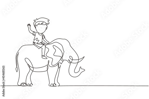 Single one line drawing happy little boy riding elephant. Child sitting on back elephant and travelling. Kids learning to ride elephant. Modern continuous line draw design graphic vector illustration