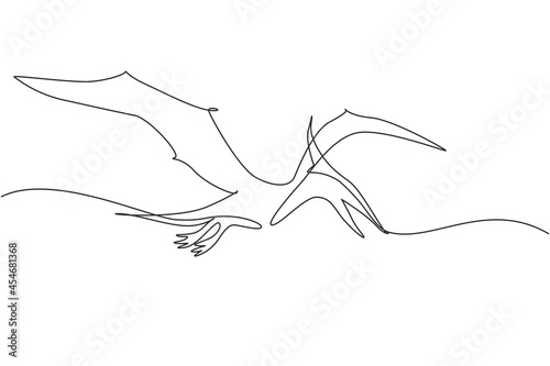 Continuous one line drawing flying pterodactyl dinosaur isolated on white background. Extinct ancient animals. Animal history for education. Single line draw design vector graphic illustration