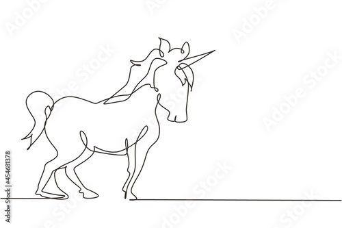 Continuous one line drawing Unicorn. Magic cute unicorn. Black jumping fictional fairy animal. Magical unicorn running on wind. Childhood fantasy. Single line draw design vector graphic illustration