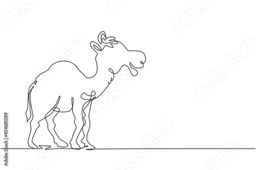 Single one line drawing strong desert Arabic camel for logo. Cute mammal animal concept for livestock husbandry, tourism, transportation. Modern continuous line draw design graphic vector illustration