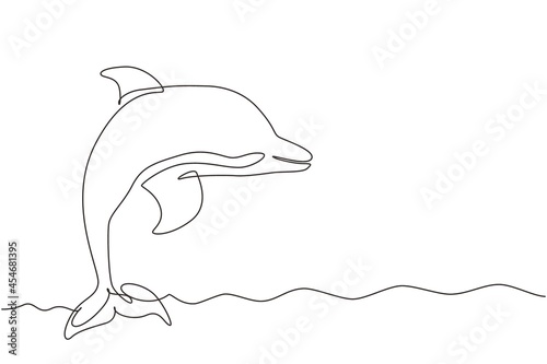 Single one line drawing cute dolphins. Cute blue dolphins, dolphin jumping and performing tricks with ball for entertainment show. Modern continuous line draw design graphic vector illustration