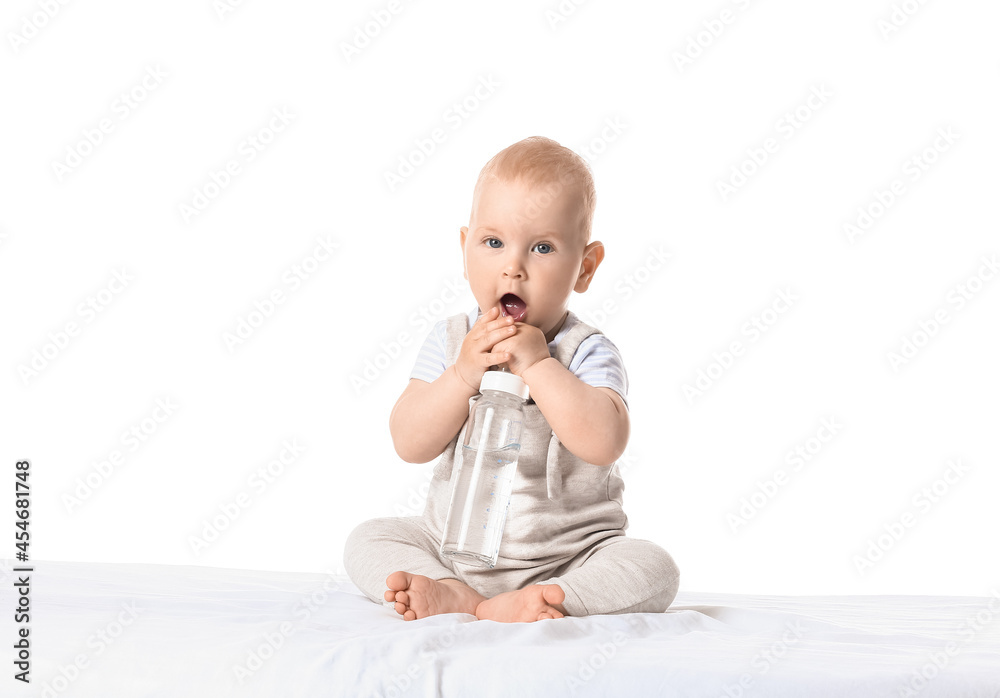 Cute little baby with bottle of water on white background Cute little baby with bottle of water on white background