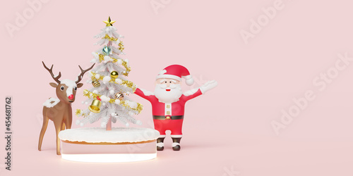 Santa claus with christmas tree,reindeer,cylinder stage podium,space isolated on pink background.website,poster or Happiness cards,festive New Year concept,3d illustration or 3d render photo