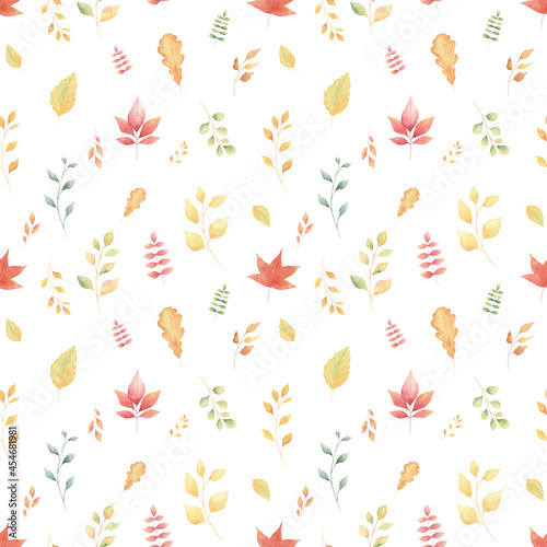 Watercolor colorful fall leaves autumn seamless pattern isolated on white background. Perfect for wrapping paper, covers, wallpaper.