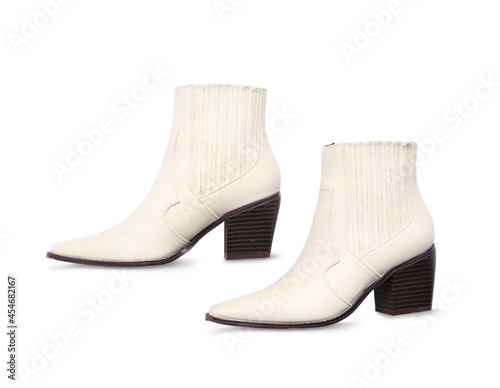 Pair of stylish female shoes on white background