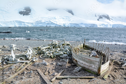 Abandoned, shipwrecked Boat and Whale Bones, on the Antarctic Peninsula