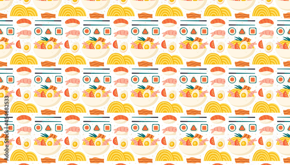 Sushi, salmon, rice, shrimp, nori, ramen, roll, egg, bacon, egg, lemongrass. Asian food delivery. Pattern, texture, background, banner. Packaging design, wrapping paper. Sushi, salmon, rice, shrimp, nori, ramen, roll, egg, bacon, egg, lemongrass. Asian food delivery. Pattern, texture, background, banner. Packaging design, wrapping paper.