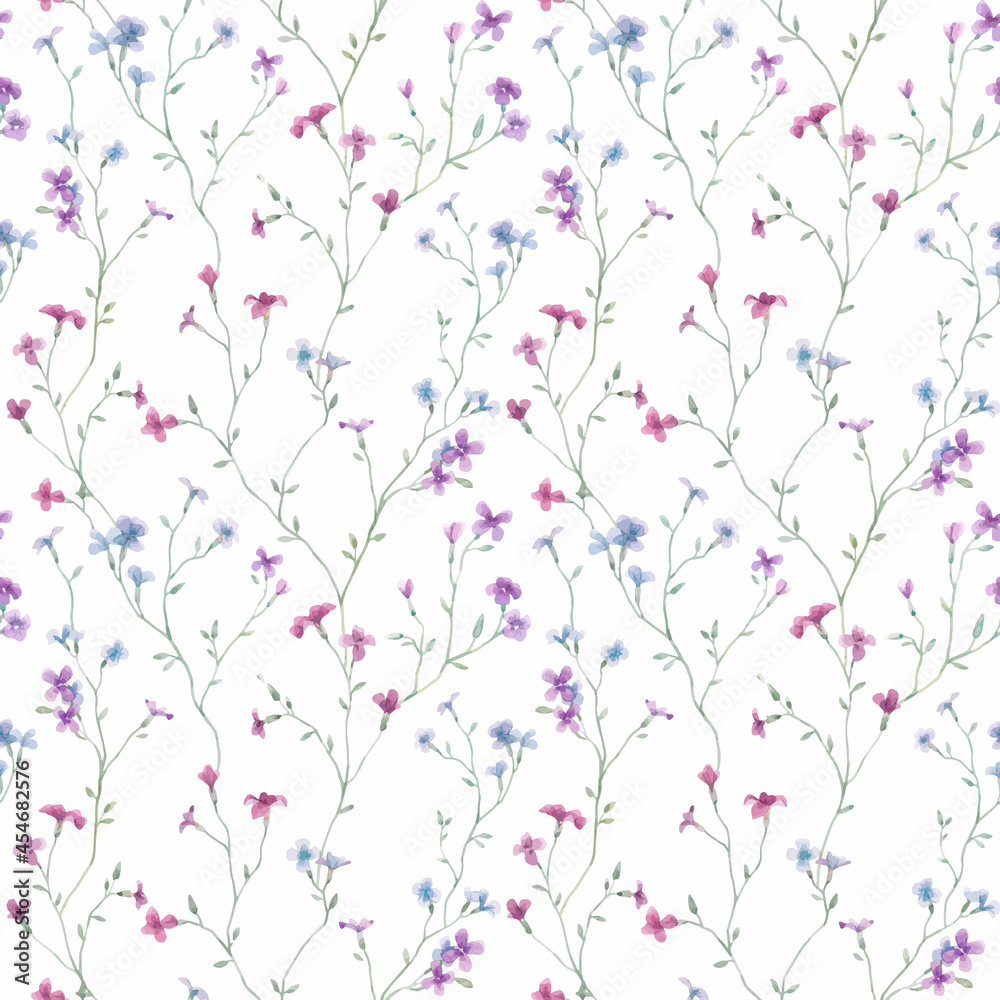 Beautiful autotraced vector seamless floral pattern with gentle watercolor hand drawn purple wild field flowers. Stock illustration.