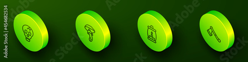 Set Isometric line Skull, Psilocybin mushroom, Camping lantern and Wooden axe icon. Vector