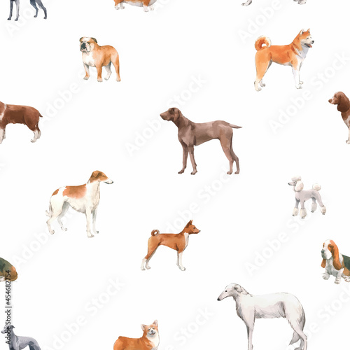 Beautiful autotraced vector seamless pattern with cute watercolor hand drawn dog breeds Cocker spaniel Greyhound Hound Basenji and Russian Greyhound Whippet . Stock illustration.
