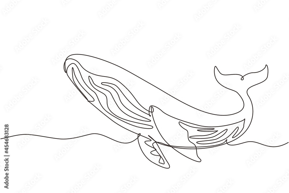 Continuous one line drawing wild whale fish swimming in sea life. Marine animal digital concept. Blue whale and scuba diver under ocean water. Single line draw design vector graphic illustration Continuous one line drawing wild whale fish swimming in sea life. Marine animal digital concept. Blue whale and scuba diver under ocean water. Single line draw design vector graphic illustration