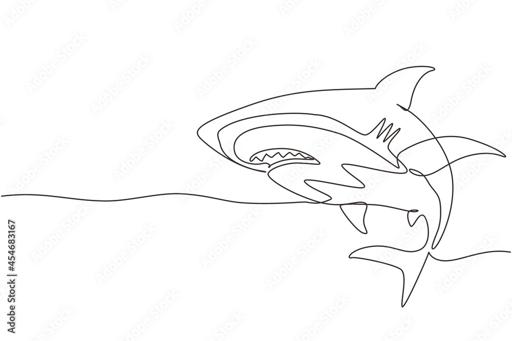 Obraz premium Single one line drawing sharks fish. Shark animals, scary jaws and ocean swimming angry sharks. Marine predator fish or sea sharks creatures character. Continuous line draw design graphic vector