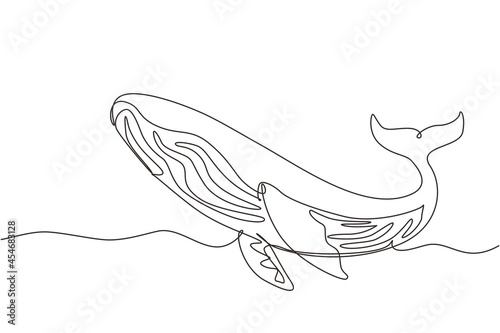 Continuous one line drawing wild whale fish swimming in sea life. Marine animal digital concept. Blue whale and scuba diver under ocean water. Single line draw design vector graphic illustration
