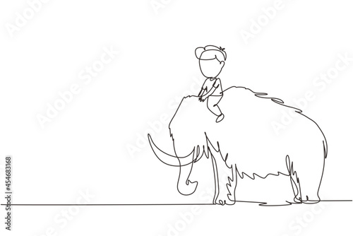 Continuous one line drawing little boy caveman riding woolly mammoth. Young kid sitting on back of mammoth. Stone age children. Ancient human life. Single line draw design vector graphic illustration