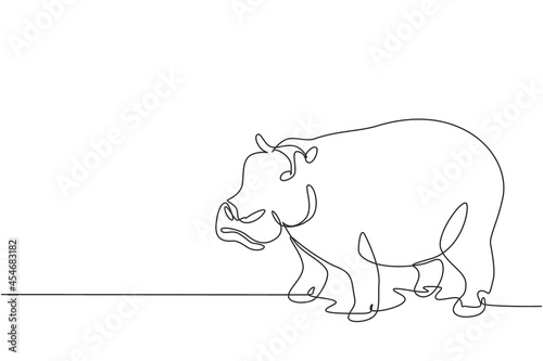 Single continuous line drawing big cute hippopotamus for company logo identity. Huge wild hippo animal mascot concept for national safari zoo. Dynamic one line draw graphic design vector illustration