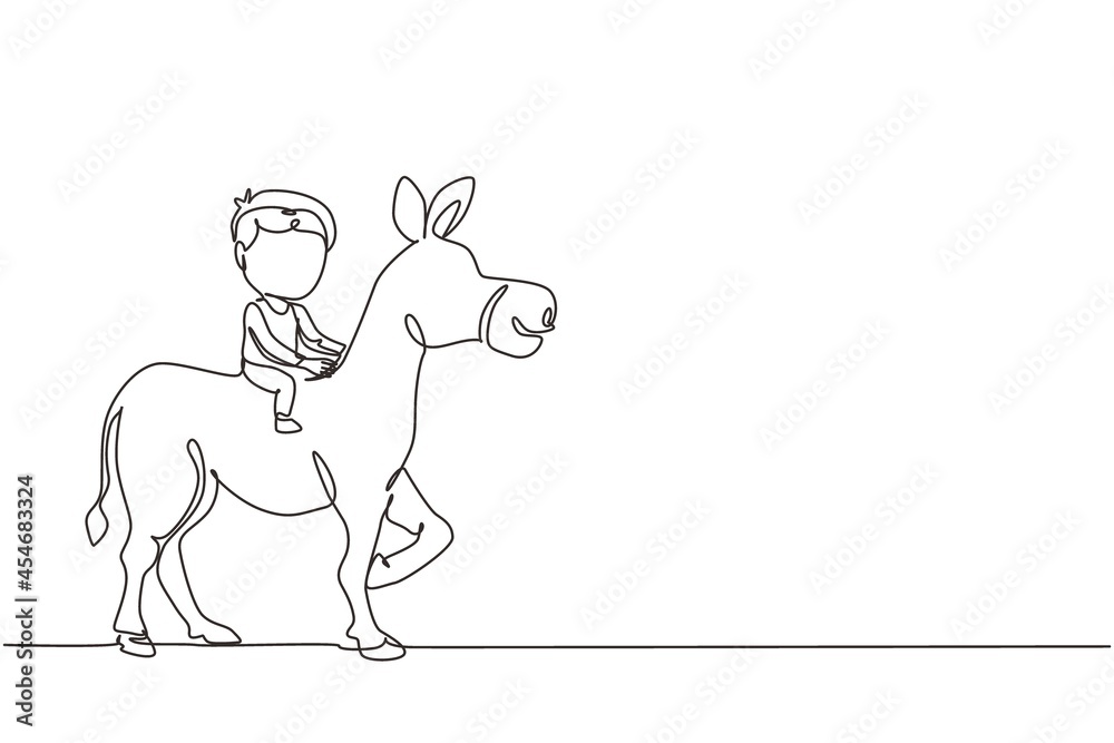 Continuous one line drawing happy cute boy riding cute donkey. Child sitting on back donkey with saddle in ranch park. Kids learning to ride donkey. Single line draw design vector graphic illustration Continuous one line drawing happy cute boy riding cute donkey. Child sitting on back donkey with saddle in ranch park. Kids learning to ride donkey. Single line draw design vector graphic illustration