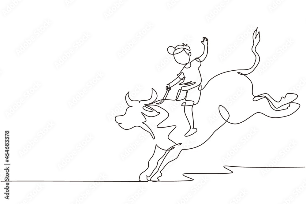 Continuous one line drawing happy cute kid boy riding cute bull. Child sitting on back bull with saddle in cowboy ranch. Kids learning to ride bull. Single line draw design vector graphic illustration