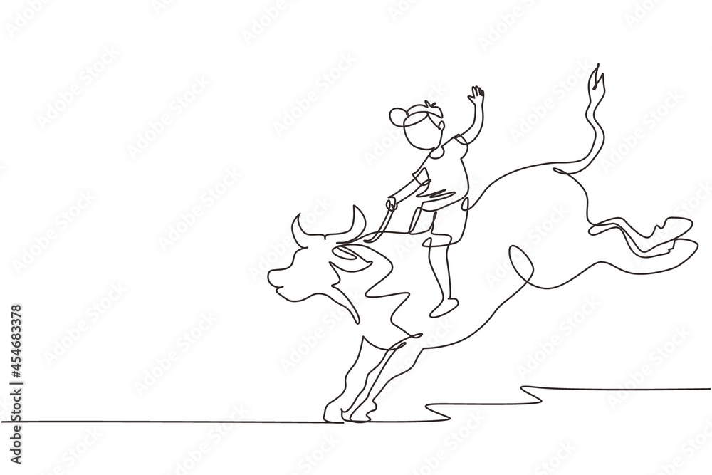 Continuous one line drawing happy cute kid boy riding cute bull. Child sitting on back bull with saddle in cowboy ranch. Kids learning to ride bull. Single line draw design vector graphic illustration Continuous one line drawing happy cute kid boy riding cute bull. Child sitting on back bull with saddle in cowboy ranch. Kids learning to ride bull. Single line draw design vector graphic illustration